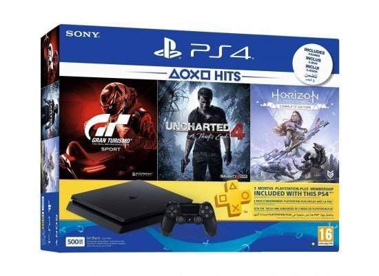 Sony PlayStation 4 Slim 500GB Jet Black + GT Gran Tourismo + Horizon Zero Dawn + Uncharted 4 A Thief's End + 3 Months PS Plus