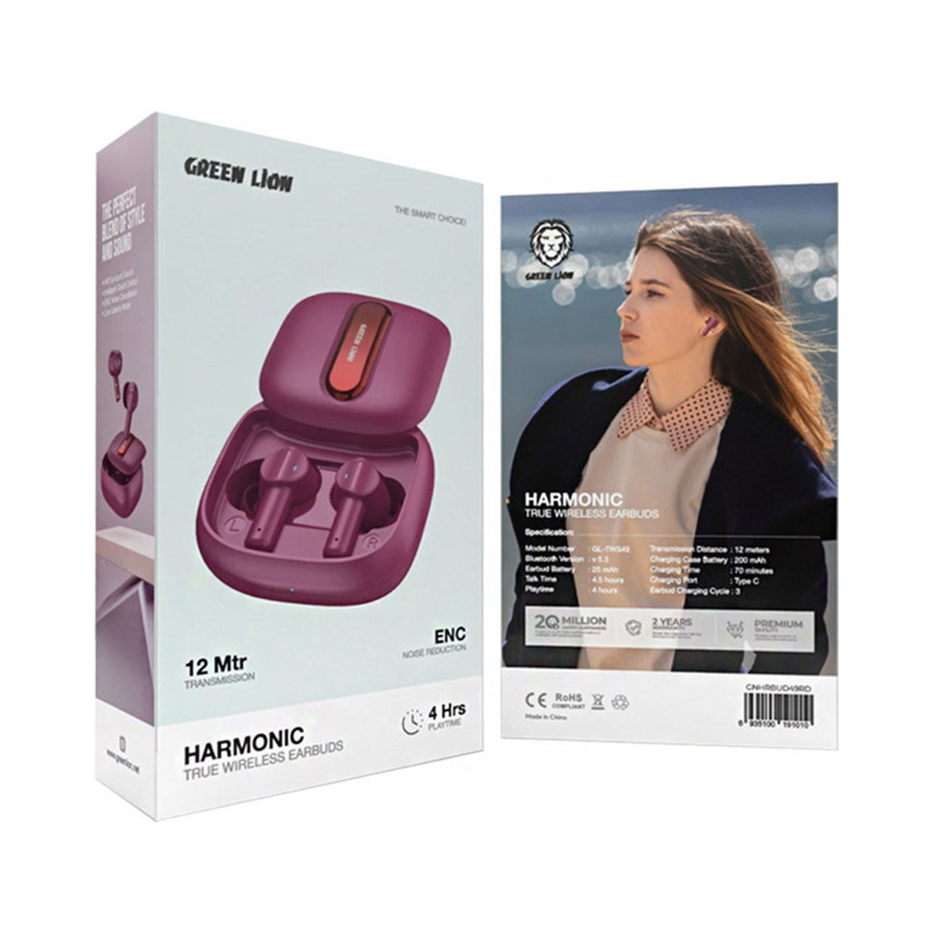 Green Lion Harmonic True Wireless Earbuds - Burgundy | ENC Noise Reduction & Bluetooth 5.3