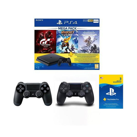 Sony PlayStation 4 Slim 500GB Bundle: GT Gran Tourismo + Horizon Zero Dawn + Ratchet & Clank + 3 Months PS Plus Membership Card + 2 Controllers with Official Channel Warranty
