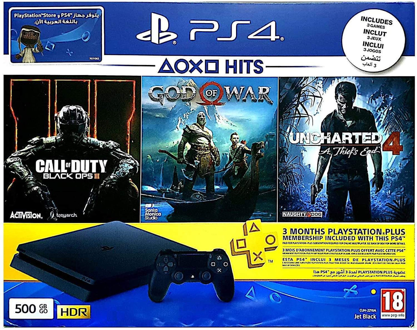 Sony Playstation 4 Slim 500GB Jet Black + Call Of Duty Black Ops III + God Of War + Uncharted 4 A Thief's End + 3 Months PS Plus