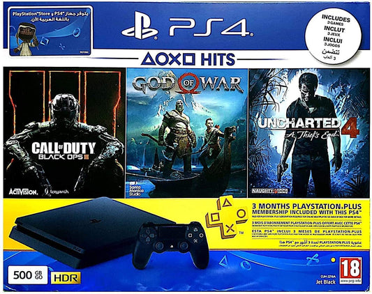 Sony Playstation 4 Slim 500GB Jet Black + Call Of Duty Black Ops III + God Of War + Uncharted 4 A Thief's End + 3 Months PS Plus